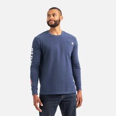 Long Sleeve Pocket T-Shirt with Sleeve Print - Men's Long Sleeve Tee in Navy